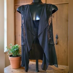 Vintage Black Lace & Chiffon Sleeveless Drape Vest Size L